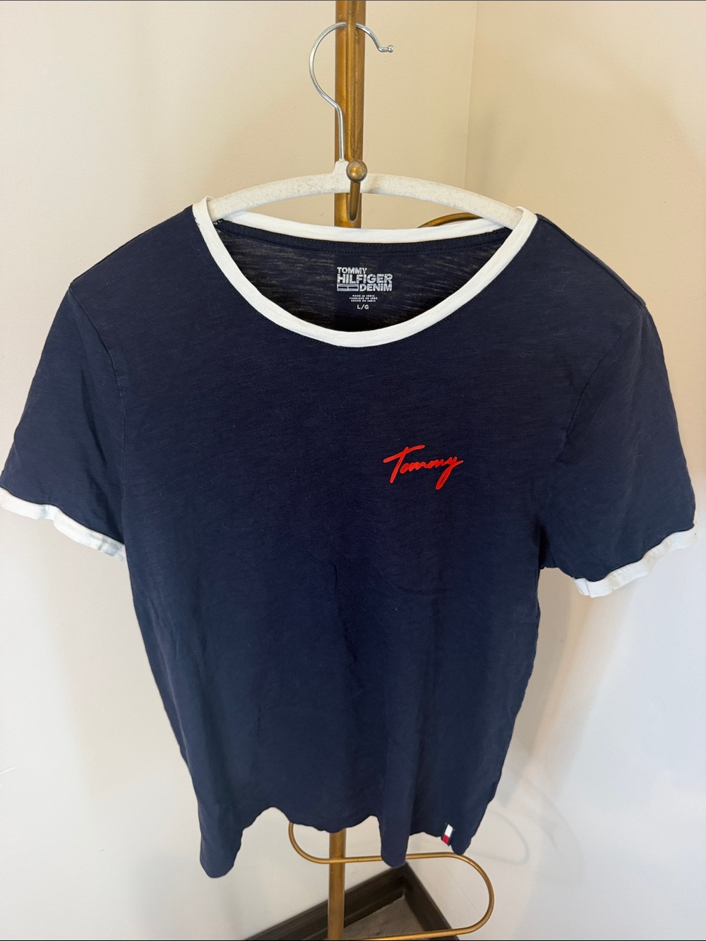 Tommy Hilfiger Navy Tee with White Trim and Red Script